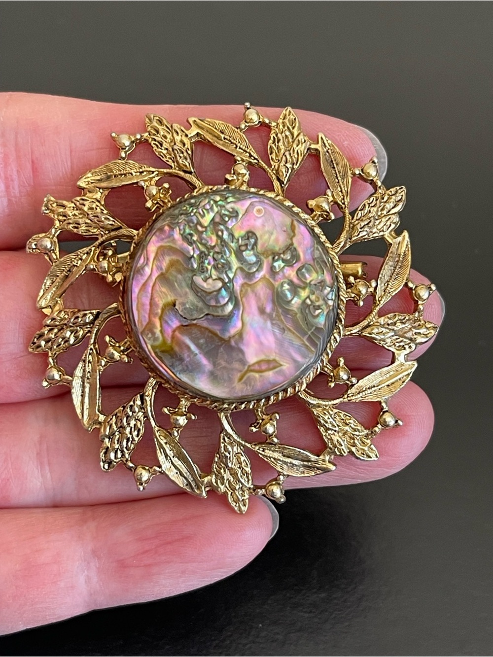 Vintage Gold-Tone Brooch with Pink Abalone Center